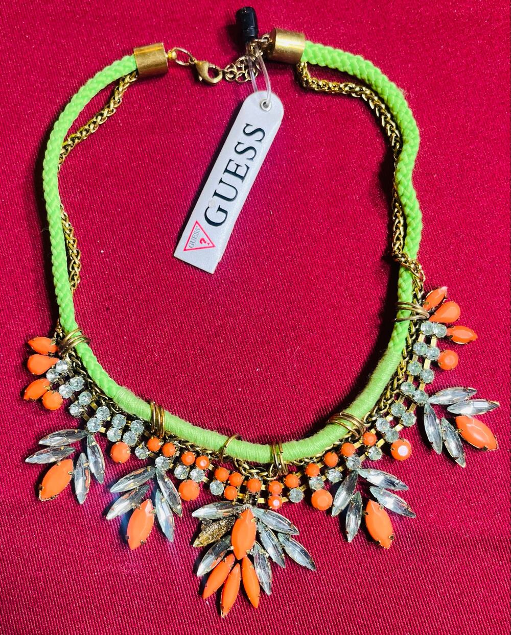 NWT GUESS Neon Coral & Lime Statement Bib Necklace Gold-Tone Tropical Crystals
